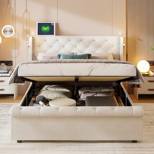 BSCFHCZ Cama tapizada de 140x190 cm, con Espacio de Almacenamiento, Cama con Respaldo Moderno 140x190, somier Juvenil,sin colchón (Beige + Terciopelo, 140 x 190 cm)