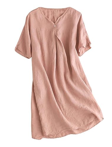Minibee Women's Summer T Shirt Dress V Neck Linen Casual Tunic Short Sleeve Boho Flowy Sun Dresses
