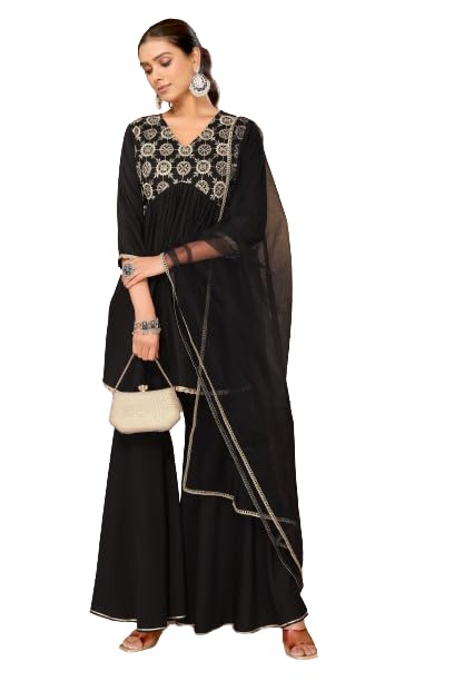 FABIAN FASHION Women's Embroidered Silk Blend Kurta And Sharara With Net Dupatta Set(ES_7531)