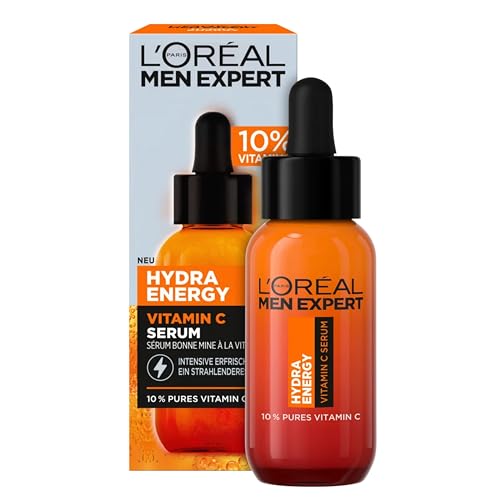 L'Oréal Men Expert Sérum de vitamina C contra la piel cansada para hombres, cuidado hidratante para un aspecto radiante, suero facial para hombre de alta dosis con 10% de vitamina C pura, Hydra Energy