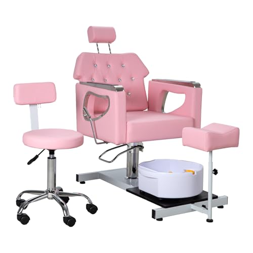 IJIALIFE Pedicure Chair with Foot Spa & Stool, Nail Tech Pedicure Station Set with Adjustable Pedicure Stand, Bubble Massage Basin, Nail Salon Manicure Chair for Spa Salon Home (Pink)