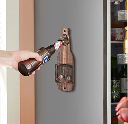 Soduku Vintage Wooden Wall Mounted Bottle Opener With Cap Catcher For Beer Lovers #TOP1