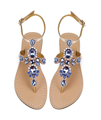 Image of ZhuLinFeng Women'S Rhinestone Gladiator Sandals Flat Wedding Sandals Gem Pearl Sparkling Bridal Bridesmaid Sandals Blue Bohemian Sandals