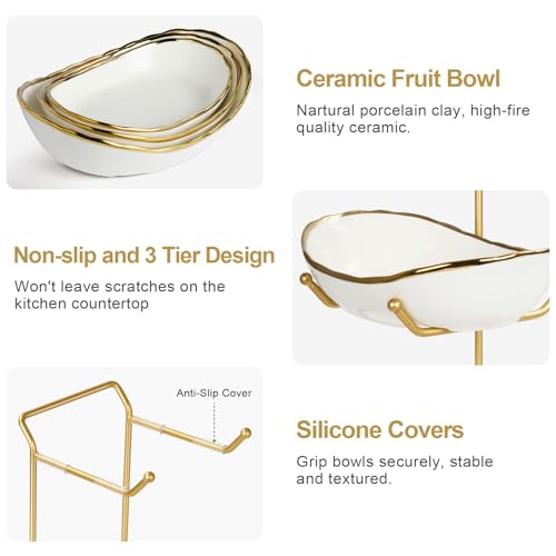YUNLINLI 3-Tier Ceramic Fruit Bowl, Modern Fruit Basket for Kitchen Countertop, Tiered Fruit Display Stand with Gold Metal Stand, Non-Slip & Chip-Resistant, Dishwasher Safe (Gold&White) - image 8