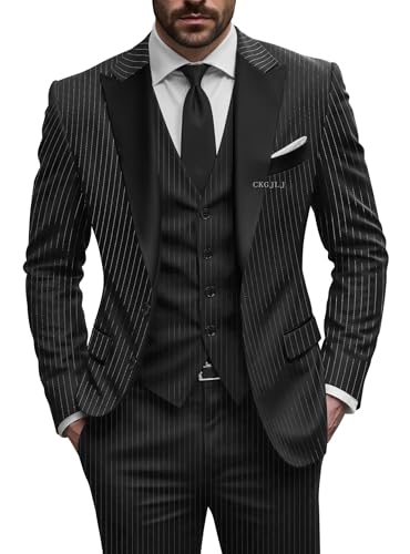 CKGJLJ Men's Pininstripe Black Suits 3 Piece Regular Fit Stripe Black Men's Suit Tuxedo for Men Prom Suit Jacket and Pants Business Set Fashion Young Men XXS Suits