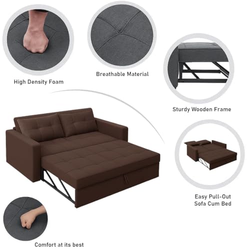 Image of CASASTYLE Trissa 2 Seater Pull-Out Premium Fabric Sofa Cum Bed Sofa Set for Living Room (Brown Fabric-Color)