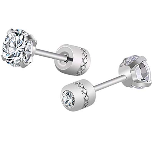 Stainless Steel Cubic Zircon Screw Setting Stud Earrings (Silver Clear)