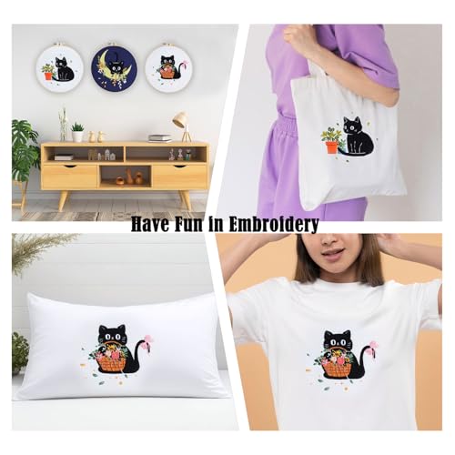 Image of EOBTAIN 3 Pcs Black Cat Embroidery Kit for Beginners, Animal with Floral Embroidery Kits for Adults,Flower Embroidery Starter Kit with Pattern,Hoop,Thread,Needles,Hand DIY Craft Kits for Adults