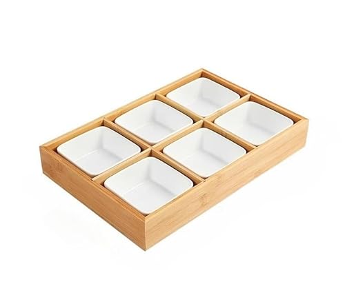 お皿 小皿セット和風 小皿 竹トレイ 陶器 前菜皿 盛り鉢 深型 仕切り付き 天然木 醤油皿 前菜皿 盛り鉢 和食器 セラミック アイスクリーム ソース皿 火鍋 焼肉屋 寿司屋 食洗機 (6マス竹入れ+6個の白い皿,イエロー)