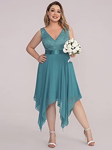 Image of Ever-Pretty Plus Women's V Neck Sleeveless Asymmetric Hem Lace Chiffon Short Summer Plus Size Wedding Guest Dresses