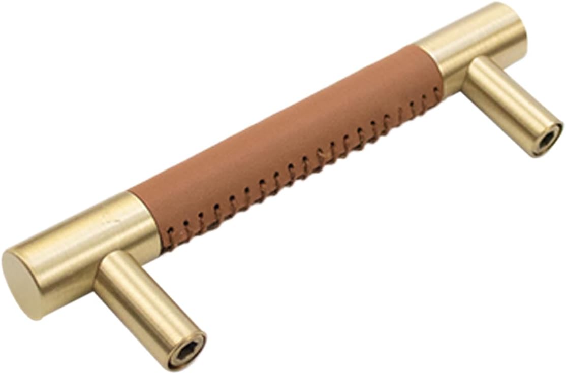 LC LICTOP 4.56 Inch Modern Leather Cabinet Pulls 2Pcs, 96mm/3.78" Hole Spacing, Brass Tone Zinc Alloy Pull Handle for Furniture Drawers Cabinet Dresser Cupboard Wardrobe Door