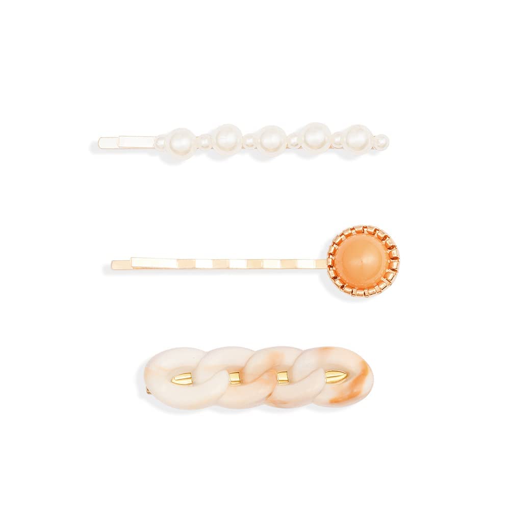 Hair Drama Co.Pearls & Link Chain Hair Pins Orange Hair Clip Brooch for Girls & Women with Beautiful Crystals Modern, Stylish Trendy & Designer Hair Accessories - Set fo 3