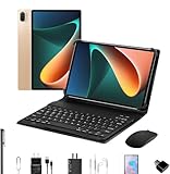 3 em 1 Tablet Pad 5 Pro, 10.1 Polegada Android 13 Tablet, 8GB+256GB com Teclado Capa Mouse, Processador Octa-Core, 32MP/16MP Câmera 8800mAh Bateria Dual SIM Slot (Dourado)