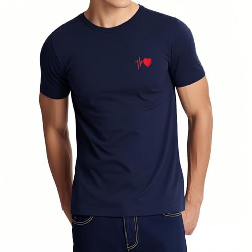 Men's Classic T Shirts Heart Electrocardiogram Embroidered Short Sleeve Casual T-Shirts for Men