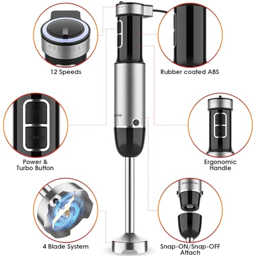 Blackcow Immersion Blender Handheld, 800W Powerful Electric Hand Blender with Titanium Alloy Blades, 12 Speeds & Turbo, Electric Hand Mixer for Smoothies, Soups, Baby Food and Purees image 4