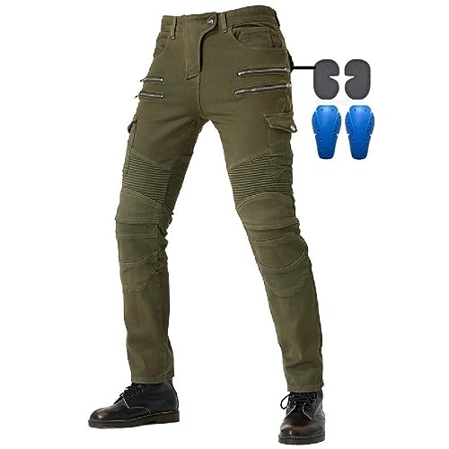 WCCI Pantalones de Motociclista Hombres Forro Protector Moto de la Motocicleta Trabajo Pantalones Jeans Cargo Blindada (L= 32W / 32L, Ejercito Verde)