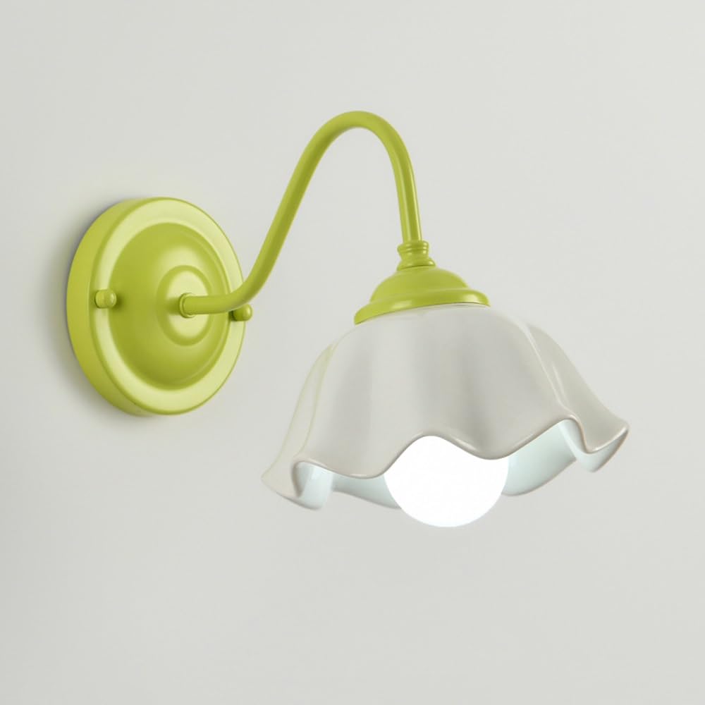 ITOSUI Flower Wall Sconce, Petal Glass Shade Wall Light, Retro Creamy Green Wrought Iron E26 Fixture, 3-Color LED Aesthetic Room Decor for Bedroom Bedside, Living Room, Hallway, Nursery(1-Pack)