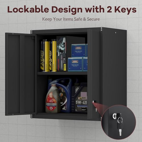 Image of Steel Wall Cabinet, Metal Locking Wall Cabinet, Hanging Metal Cabinet for Garage Tool Storage, Wall Mount Tool Cabinet for Garage, Laundry Room, Office, Black