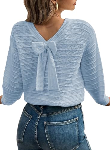 Image of EVALESS Sweaters for Women Long Sleeve Fall Outfits 2026 Back Bow Knot Sweaters Round Neck Solid Knit Pullover Tops