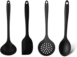 Kit Utensílios de Silicone Premium Completo - Colher de Arroz, Concha, Escumadeira e Espátula Pão Duro (Preto)