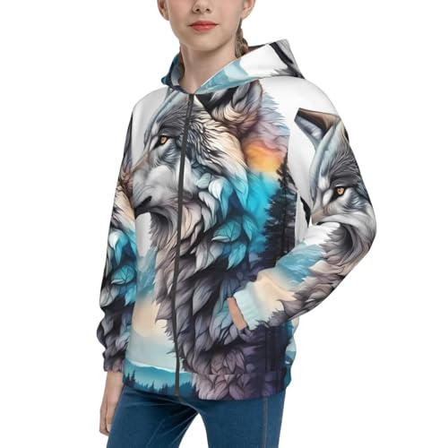 Animal Forest Wolves1 Kids Pullover Hoodies Boys Zip Up Sweatshirts Girls Athletic Clothes with Pocket