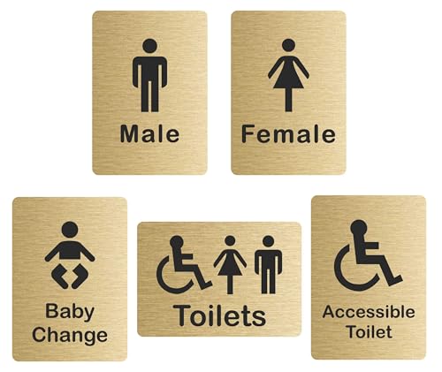 Customcard Ltd Set of 5 Aluminium Signs: Toilets, Male, Female, Accessible, Baby Chang sign–high quality, brushed gold finish with tape on the back