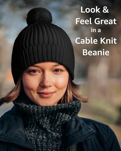 Image of Nollia Women's Pom Pom Knit Winter Beanie for Cold Weather - Warm Fleece - Cable Knit