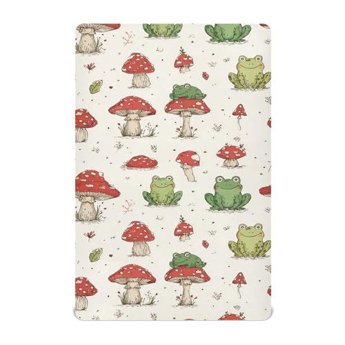 Image of Retro Frogs Mushrooms Crib Sheets Soft Breathable Fitted Baby Crib Sheets Mattress Cover for Girls Boys, 52 inch x 28 inch x 9 inch