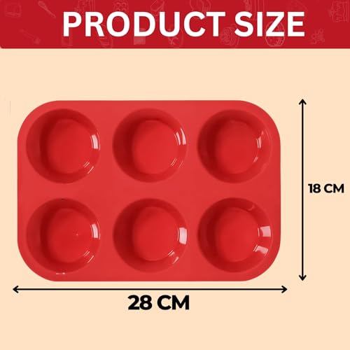 Image of PureBake Muffin Mould for Baking, Silicone Tray for Large Cupcakes & Muffins, 6 Cavity Round, Food Grade, Flexible, Oven & Freezer Safe, Pack of 1, Random Color