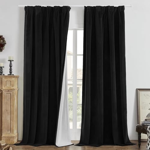 Joydeco Rideau Velours Noir avec Galon Fronceur 140x220 CM 2 Pièces pour Rail et Passe Tringle,...