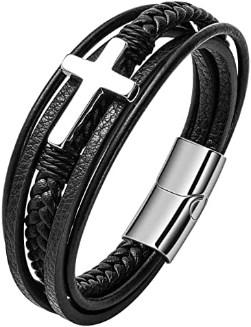 TONGNAN Leather Bracelet, Valentines day gifts for him, Blue Tiger Eye Genuine Leather Braided Bracelet for Men, Cuff Wrap Bracelet Steel Wristband with Magnetic Clasp Bracelet for Men (C 8.07in)