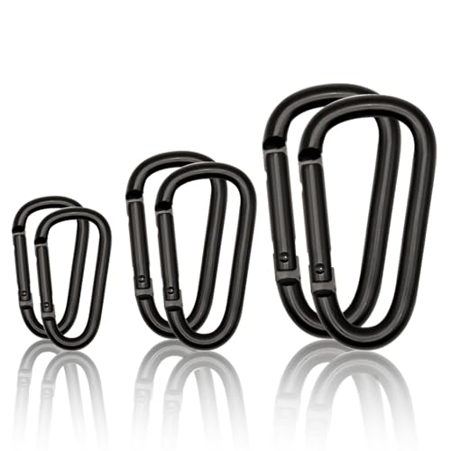 Small Carabiner Clip 6PCS Black Carabiner Keychain Mini 2 inch Large 3 inch Heavy Duty Caribeaner Hook D Ring Aluminum Carbiner Clip for Keys Backpack Hiking Camping Fishing (Black-Comb 6pcs)