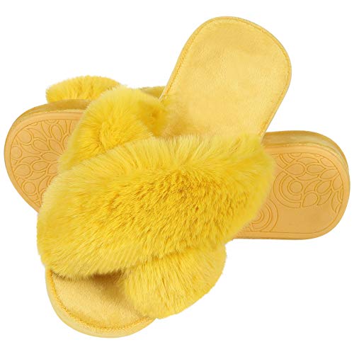 Shevalues Fuzzy House Slippers For Women Cross Band Fluffy Bedroom Slippers With Arch Support cover