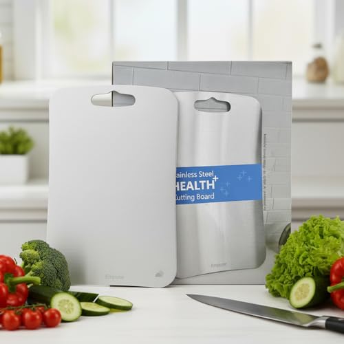 Image of 304 Stainless Steel Rectangular Chopping Board for Kitchen | with 2 Steel Straw & Anti-Skid Silicon Pad | Both Side Usable | for Cutting Vegetables, Meat | Large | 35 x 25 cm