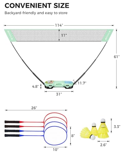 Image of BAGAIL Portable Badminton Net Set, Pop-Up Net with Carry Case, Complete 4 Racket Set for Backyard, Park & Beach Games, Quick Setup Indoor Outdoor Sports Equipment for Backyard Fun