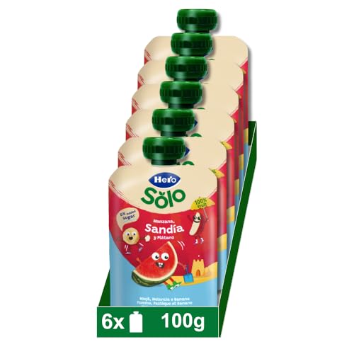 Hero Solo, Bolsita Fruta Bebé, Manzana Sandía Plátano 100% Natural, Sin Conservantes ni Colorantes, Desde 6 Meses, 100g x 6U