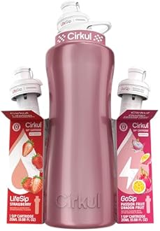 Cirkul 32oz. Rose Gold Stainless Steel Water Bottle Starter Kit with Rose Gold Lid and 2 Flavor Cartridges (1 LifeSip Strawberry, 1 GoSip Passion Fruit Dragon Fruit) No Sugar, Zero Calorie Drink Mix