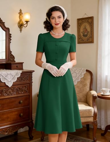Image of Wedtrend 1950's Vintage Dresses for Women Modest Church Dress with Pockets Short Sleeve Tea Party A-Line Cocktail Dresses