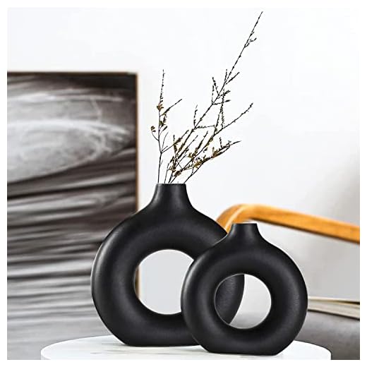 Ceramic Vases Set of 2, Modern Black Round Vase Rustic Home Decor, Donut Ceramic Vase Apply to Living Room Kitchen Mantle, Bedroom, Dining Table, Office Black Decor