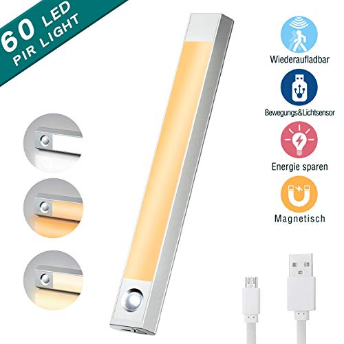 BMK Bewegungsmelder Nachtlicht Einfache Montage 60 LED USB Schranklicht 3 Farbe Kleiderschrank Schrankbeleuchtung mit Lichtsensor Rechargeable Batterie Magnet Für Schrank Küche Flur Schublade