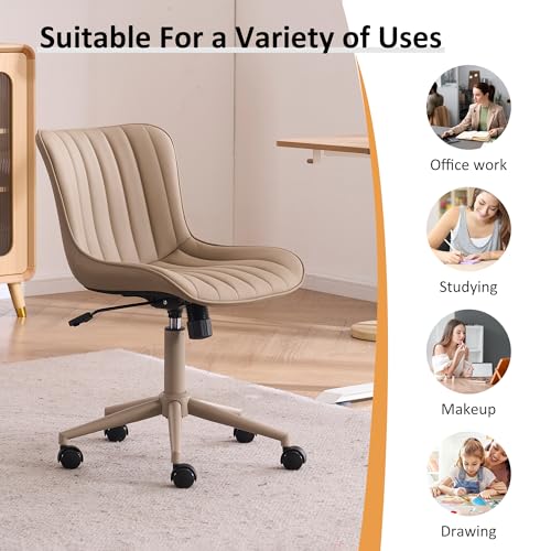 Image of YOUNIKE Office Desk Chair with Wheels Armless Vanity Chair Ergonomic Khaki | Faux Leather Upholstered with Rocking Back, Swivel Height Adjustable, Modern Small Cute Task Chair For Sewing Drafting