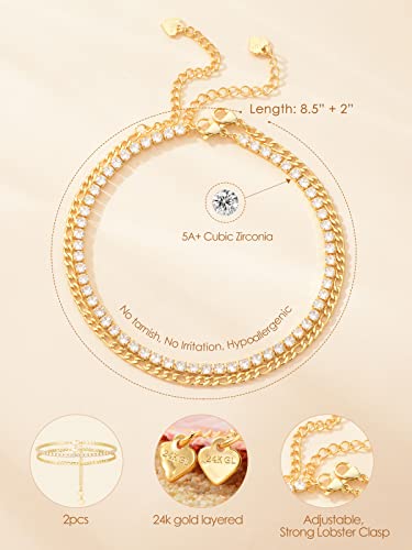 24K Gold Plated Ankle Bracelets For Women ，Layered Cubic Zirconia Tennis Ankle Bracelets For Women Teen Girls Beach Foot Jewelry Gifts #TOP2
