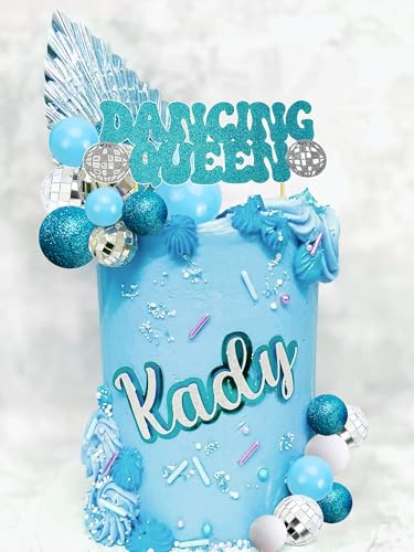 JeVenis topper per torta con palla da discoteca blu topper per torta regina danzante decorazioni per torta anni '80 palline per torta argento decorazioni per torte in argento