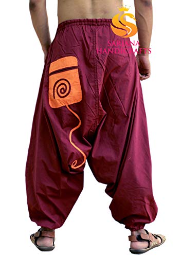 Sarjana Handicrafts Men's Cotton Pockets Harem Yoga Baggy Genie Hippie Pants (Free Size, Maroon) #TOP3