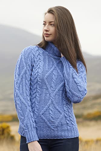 Aran Crafts Women's Traditional Irish Knit Turtle Neck Sweater (R2080-Med-Blu) #TOP2
