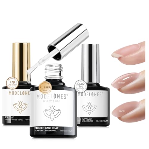 Image of modelones Gel Nail Polish Top Base Coat Set, 3Pcs Rubber Base and Glossy Clear & Matte Gel Top Coat Chrome Proof No Wipe High Shine Nail Polish Soak Off U V LED Nail Art Home DIY Manicure Gift for Wom