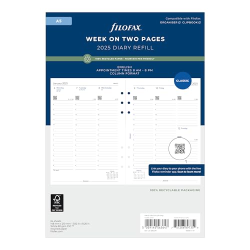 Filofax Calendrier Agenda Recharge A5 2025 semaine vue