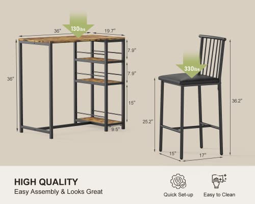 Gizoon Bar Table And Chairs Set For 2 With 3 Storage Shelves, Modern Pub Table Set With Pu Cushion Chairs & Thick Wood Top For Breakfast, 3-Piece Small Table For Kitchen - Retro #TOP6