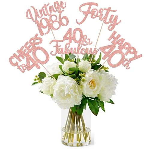 Image of 15 PCS 40th Birthday Centerpiece Sticks Double Sided Forty Happy 40 Vintage 1986 Table Flower Centerpieces Sticks Cheers to 40 Fabulous Floral Decorations for 40th Birthday Party Supplies Rose Gold