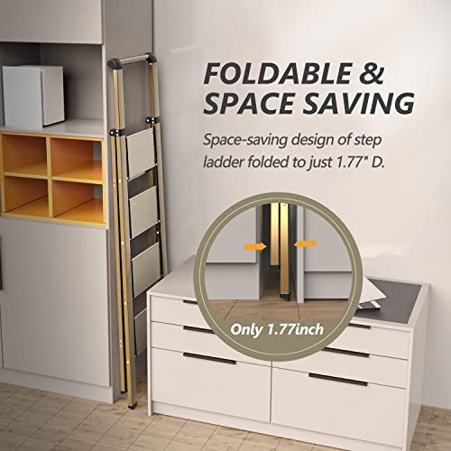 4 Step Ladder, Folding Step Stool With Anti-Slip Wide Sturdy Pedal And Handgrip, Portable Lightweight Aluminum Stepladder, 330 Lbs Capacity, Multi-Use For Home, Library, Office, Garage - Brown Gold 1 #TOP3